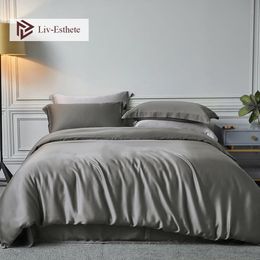 Liv-Esthete Nature 100% Silk Noble Grey Bedding Set Beauty Healthy Men Duvet Cover Double Queen King Bed Linen Set 210319