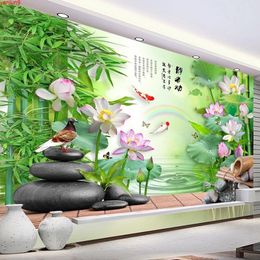 Custom Bamboo Lotus Flower Green 3D Photo Wall Mural Study Room Bedroom Living Waterproof Canvas Fabric Painting Wallpapergood quatity