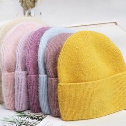 Solid Colour Rabbit Fur Women Beanies Hat for Women Soft Fluffy Knitted Hat Bonnet Woman Winter Hat Outdoor Warm Skullies Cap
