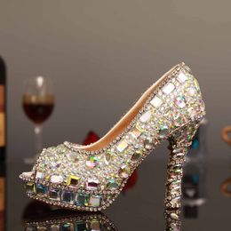 Luxury AB Crystal High Heels Woman Shoes Fashion Glitter Crystal Peep Toe Bridal Wedding Dress Shoes Lady's Party Proms Free Shipping