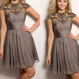 Tamaño más vestidos de novia de Homecoming 2015 Jewel cuello moldeado cristalino de la gasa de plata grises cortos Prom Vestidos formales Vestidos de fiesta