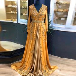 2022 Arabic Gold Satin Long Sleeves Moroccan Kaftan Evening Dresses V Neck Appliques Plus Size Formal Prom Gowns Custom Made Vestidos De Novia