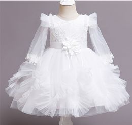 2022 Cute White Pink Flower Girls Dresses Long Sleeves Short A Line Little Gilr Kids Formal Wear Ruffle Floral Wedding Party Gowns Communion Baby Christening Dress