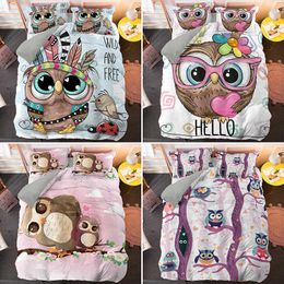 Cartoon Pink Owl Bedding Set For Girl Kids Teenager Cute Duvet Cover Sets Twin Full Queen King Size Bed Linen Bedclothes 210615