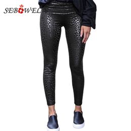 SEBOWEL Women High Waist Black Leggings Leopard Textured Stretchy Faux Leather Pants Female Sexy Skinny Autumn S-XL 211204