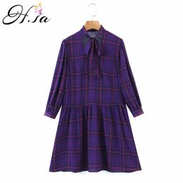 H.SA Women Spring Plaid Dresses Long Sleeve High Waist Straight Bow Tied Neck Purple Shirt Dress Cotton Vestidos 210417