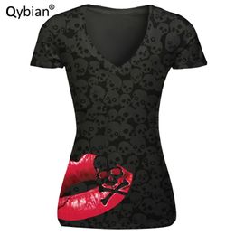 T-shirt Women Casual Comfortable V-neck Shirts Top Tees Red Mouth Black Skull Prints Short Sleeve 210623