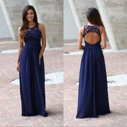 2021 Empire Country Navy Blue Bridesmaid Dresses Jewel Neck Lace Top Chiffon Illusion Backless Floor Length Long Wedding Guest Gowns Custom