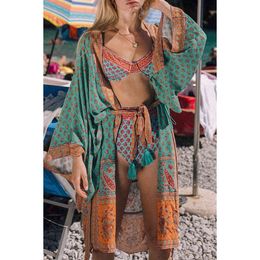 Jastie Hippie Chic Maxi Kimono Shirt Floral Print Long Cardigan Jacket Batwing Sleeve Belt Women Jackets Shirt Casual Blouse Top 210419