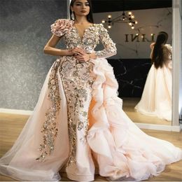 Hand Made Flower Mermaid Evening Dresses With Detachable Train 3D Floral Applique Beads Prom Robe De Mariée Customise Party Gown