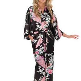 Brand Black Women Silk Kimono Robes Long Sexy Nightgown Vintage Printed Night Gown Flower Plus Size S M L XL XXL XXXL A-045