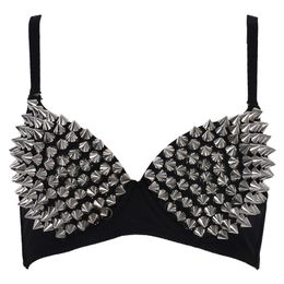 Women's Sexy All-over Spike Rivet Dance Bra Metallic Punk Style Nightclub Wear W715 211217