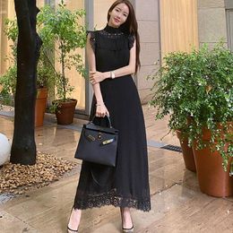 Casual Dresses Black Lace Maxi Dress One Piece Korean Ladies Sexy Office Sleeveless Crew Neck Zipper Party Long For Women Clothing