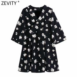 Zevity Women Vintage Cross V Neck Floral Printing Casual Back Mini Dress Female Chic Japanese Design Kimono Waist Vestido DS8262 210603