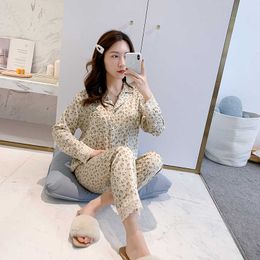 Beige Leopard Print 2pcs Pyjamas Sets Spring Lady Long Sleeve Sleepwear Sleep Suit Pijamas Intimate Lingerie Lce Silk Nightwear Q0706