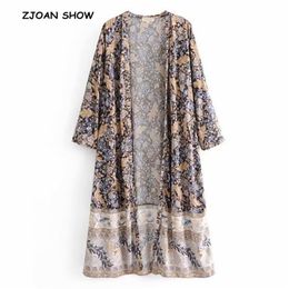 Women Bohemian V neck Pteris Flower Print Kimono Shirt Black Holiday Beach Long sleeve Cardigan Blouse Tops 210429