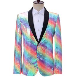 Rainbow Blazer Jacket Men Stage Party Sequin Mens Suit Jackets Dress Luxury Performance Mens Blazer Wedding Singer Costume Homme 210524
