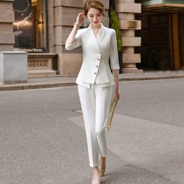 High Quality Casual Women's Suit Pants Two Piece Set summer elegant ladies white blazer jacket business attire 210927