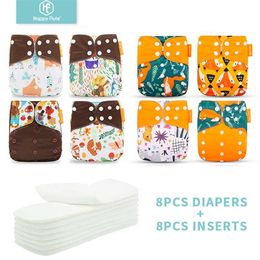HappyFlute 8 diapers+8 Inserts Baby Cloth Diapers One Size Adjustable Washable Reusable Cloth Nappy For Baby Girls and Boys 211028