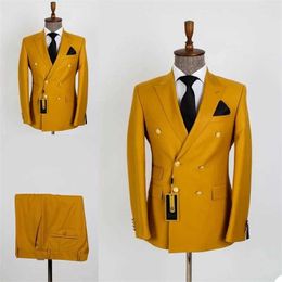 Gold Double Breasted Men Suits 2 Pieces Custom Made Notch Lapel Wear Fashion Wedding Groom Prom Terno Masculino Coat+Pant X0909