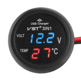 12V/24V Digital Metre Monitor Car Battery Instrument Gauges 3 in 1 LED USB Mobile Phone Charger 5V 2.1A Voltmeter Thermometer LCD Dual Display Auto Parts