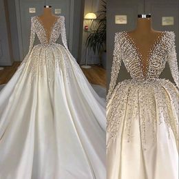 2021 Turkish Beaded Crystal Pearls White Satin Ball Gown Wedding Dresses Bride Dress V Neck Dubai Arabic Long Sleeves Bridal Gowns Middle East