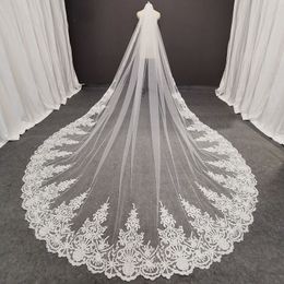 Real Photos Long Lace Bridal Veil with Comb 3.5 Meters 1 Layer Cathedral White Iovry Wedding Veil Wedding Accessories 2020 X0726