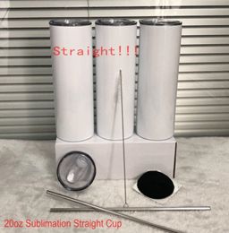 US Stock 20oz Sublimation STRAIGHT Mugs Tumblers With Straw Stainless Steel Water Bottles Double Insulated Cups Mugs T012