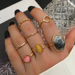 Gold Silver Color Metal Ring Set for Women Heart Irregular Black Stone Geometric Vintage Ring 2022 Trend Fashion Jewelry