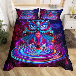 Watercolour Owl Duvet Cover Multicolor Wild Animals Comforter Bohemian Abstract Birds Bedding Set Twin King for Kids Adults