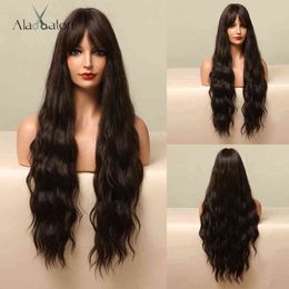 Hair Synthetic Wigs Cosplay Alan Dark Brown Long Water Wave Synthetic Hair Wigs for Black Women Cosplay Party with Bangs High Temperature Fiber 220225