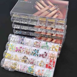 240Pcs Box-Pre-made Nail Charm  Gems for 8 Best 3D Nail Supplies (2021) Bowknot Crown  Glitter Rhinestones Nails Charms Diamonds Y220408