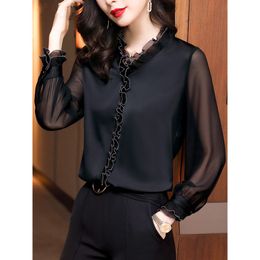 Lace Ruffles Chiffon Shirts Women's Clothing Autumn Winter New Office Lady Long Sleeve Pullovers Vintage Elegant Blouse 4XL