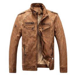 Mens Flight PU Jacket Motorcycle Faux Leather Boys Long Sleeve Male Jacket Loose Vintage Thick Warm Brown Moto Jacket Large size L220725