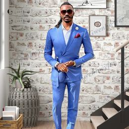 Blue Color Men Suits Blazer with belt 2022 Fashion Designed Side Buttoned Groomsmen Best Man Party Costume 2 Pieces