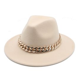 Fedora Hats for Women Men Wide Brim Thick Gold Chain Band Felted Hat Jazz Cap Winter Autumn Panama Red Luxury Hat Chapeau Femme 220514