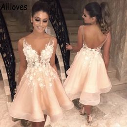 Glamorous 3D Handmade Flowers Lace Homecoming Party Dresses With Straps V Neck Knee Length Short Prom Cocktail Gowns A Line Sexy Open Back Maxi Club Wear CL0551
