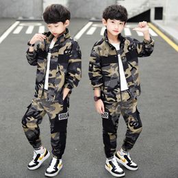 Clothing Sets Autumn Kids Boys Sport Turn-down Collar Army Green Camouflage Tracksuits For Teenagers Children Two Piece Suits 4 8 12 14YClot