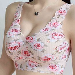 40-100Kg Summer Thin Traceless Ice Silk Women Bras Large Size Beautiful Back Lingerie Flower Print Non Steel Ring Collect Bra L220726