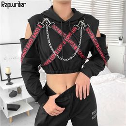 Rapwriter Casual Metal Chain Patchwork Letter Ribbon Long Sleeve Hoodies Women Fall Winter Black Harajuku Pullover Crop Top 201208