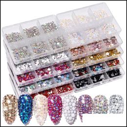 Nail Art Decorations Salon Health Beauty 6Grids Ss6-Ss20 Crystal Rhinestones Mixed Color Flat Bottom Ab Porcelain White Champagne 3D Nails