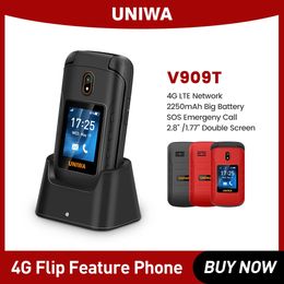 Sbloccato UNIWA V909T 4G Flip Phone Radio FM Tastiera grande Cellulare a conchiglia Grande pulsante a doppio schermo Cellulare per anziani