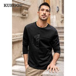 KUEGOU 2022 Autum 100% Cotton Plain Black White Print T Shirt For Men Tshirt Brand T-shirt Long Sleeve Tee Shirt Plus Size 88057 T220808