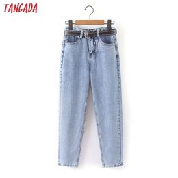 Tangada fashion women mom jeans pants with belt long trousers strethy waist pockets zipper female pants HY41 220701