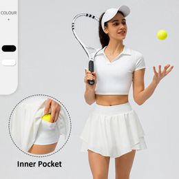 Tennis Skirts Women Sexy Sportswear Solid Color Breathable Skort Yoga T-Shirt 2 In 1 Skirt Set Female Workout Fitness Clothing