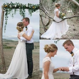 Simple New A Line Wedding Dress Jewel Neck Cap Sleeves Floor Length Vintage Garden Beach Boho Chiffon Wedding Dresses Bridal Gowns
