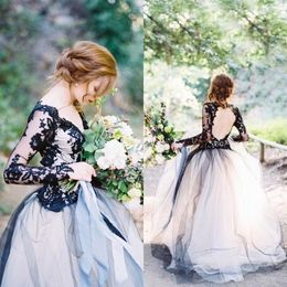 Gorgeous Black and White/Light Grey Gothic Wedding Dress V Neck Open Back Illusion Long Sleeves Lace Appliques Garden Bridal Gown Bride