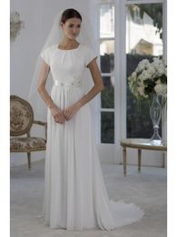 Informal Chiffon Temple Modest Wedding Dresses With Cap Sleeves Beaded A-line Buttons Back Sash Flowers Outdoor Reception Wedding Dress