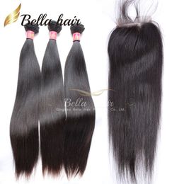 Peruvian Hair Bundles Virgin human Hair Extensions Straight HairWeaves 3pcs with Closure free part Natural Color Bellahair