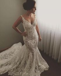 2024 New Luxurious Plus Size Mermaid Wedding Dresses V Neck Illusion Lace Appliques Sleeveless Backless Cathedral Train Formal Bridal Gowns 403